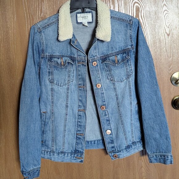 Forever 21 Jean Jacket with Fleece-like Collar, S - Picture 1 of 8